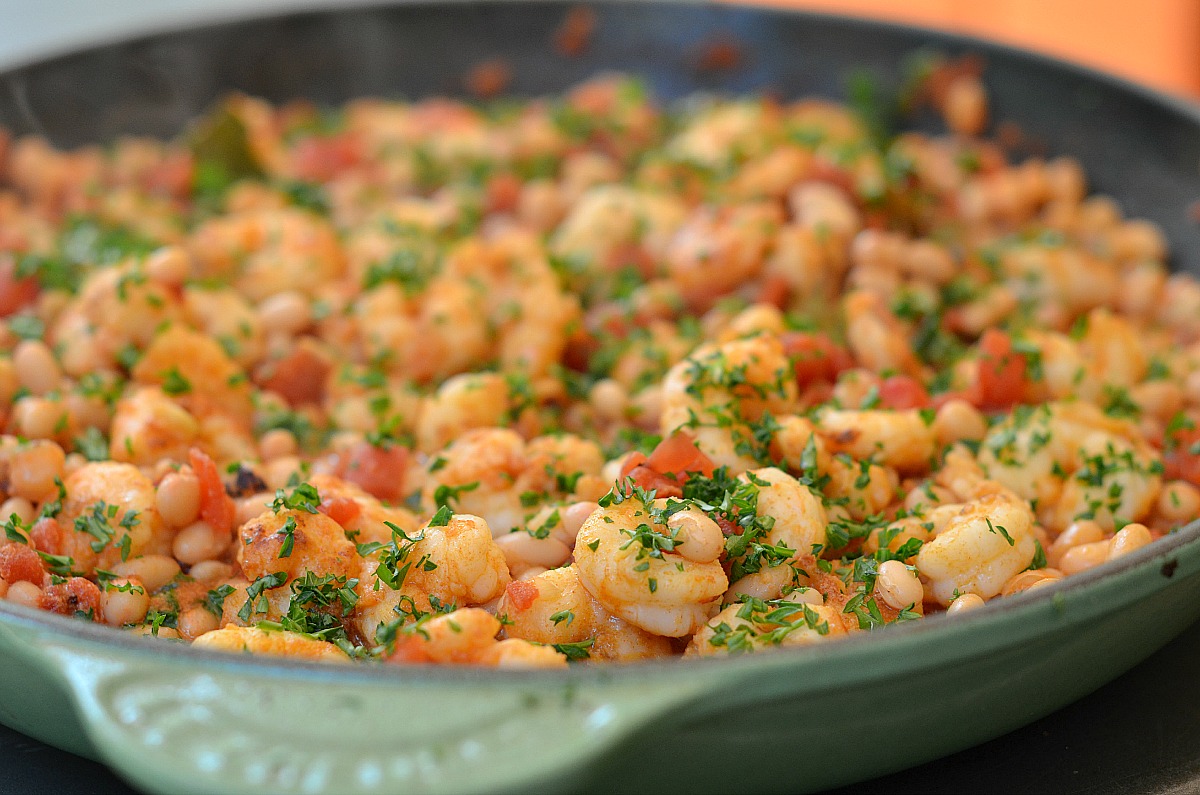 Garlicky Shrimp with White Beans and Tomatoes Three Many