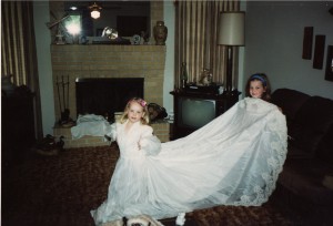 trying on wedding dress