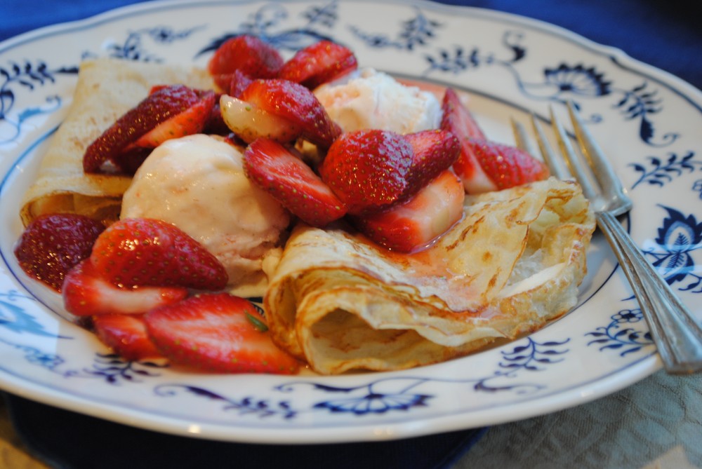Crepes with Drunken Strawberries and Ice Cream