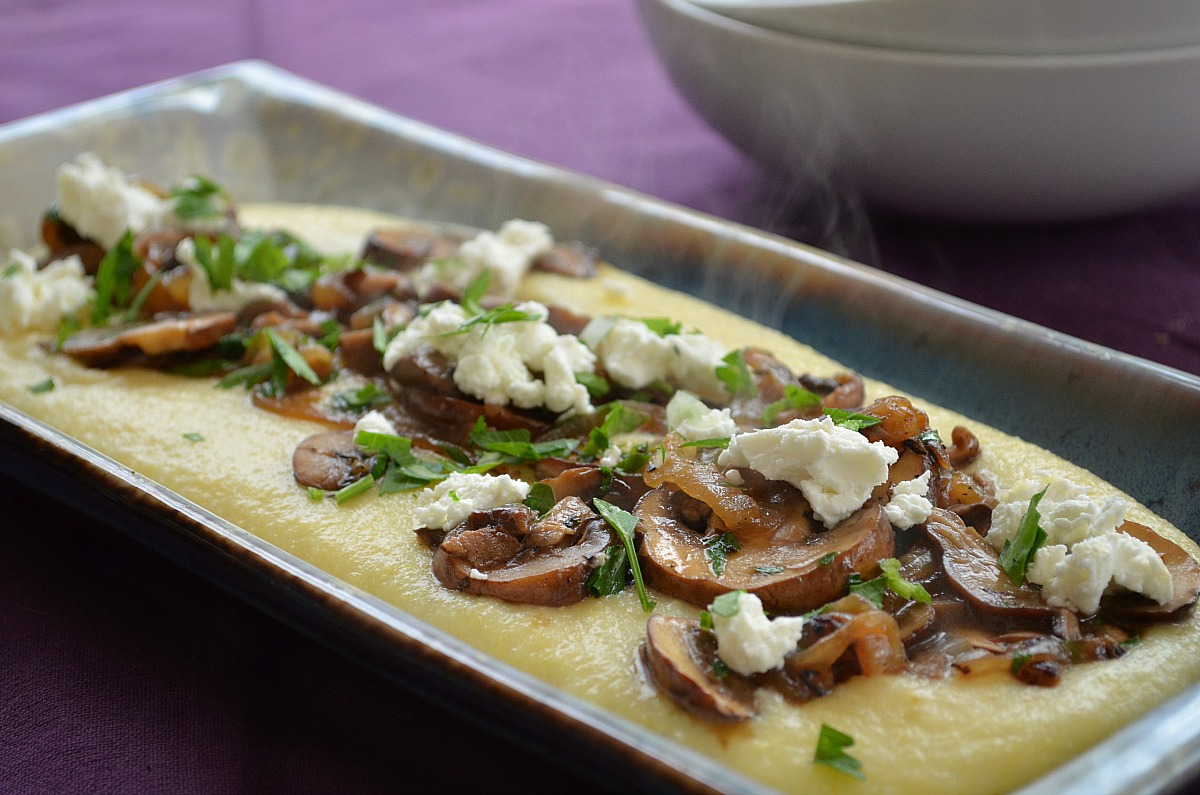 Mushroom and Caramelized Onion Polenta with Goat Cheese