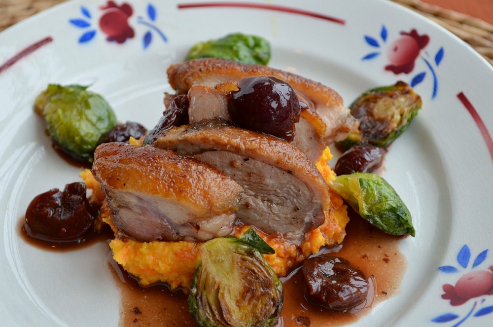 Balsamic Cherry Glazed Roasted Duck with Stuffing