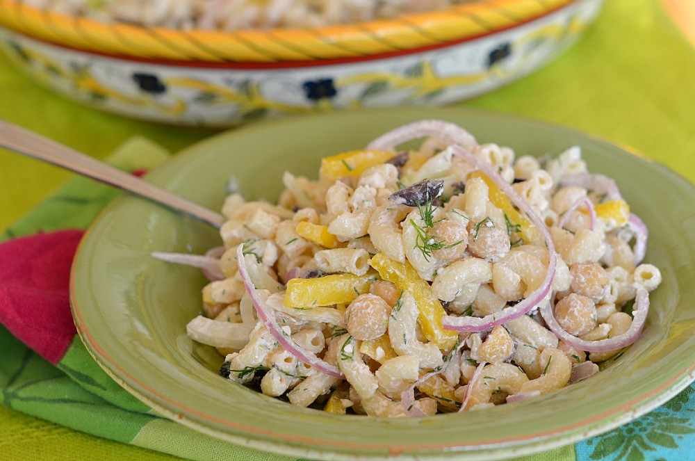 Mediteranean Pasta, Chickpea, and Fennel Salad with Creamy Feta-Dill Dressing &mdash; Three Many Cooks