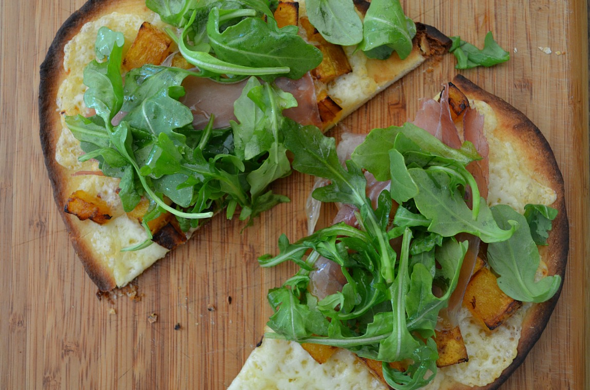 Naan Pizzas with Butternut Squash, Prosciutto, and Fontina